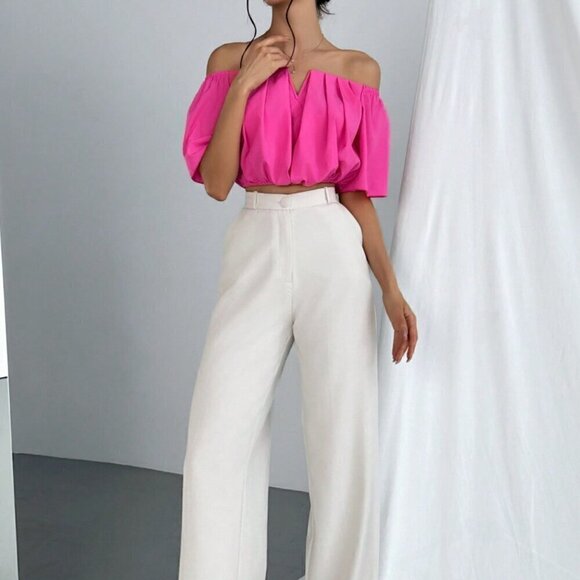 Hot Pink Casual Women's Off Shoulder V-Neckline Waisted Blouse - Picture 5 of 5